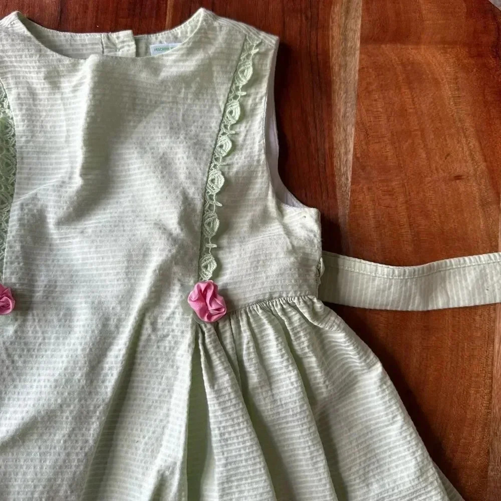 POLLY FLINDERS VINTAGE Size 4 Light Green Pink Rosette A-Line Dress Tie Back - Picture 2 of 6